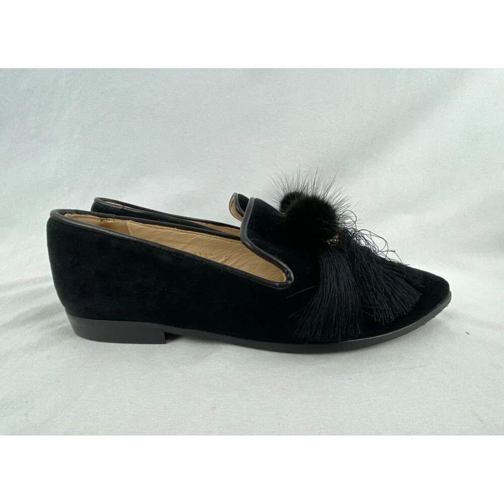 JON JOSEF Blair Loafers Women 6M Black Velvet Rabbit Fur Pom Spain Blair Waldorf